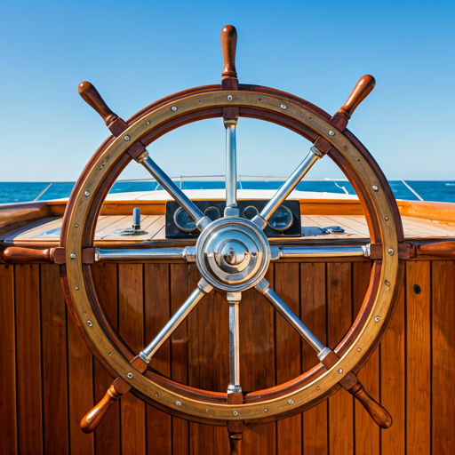 Detail of a vintage boat steering wheel