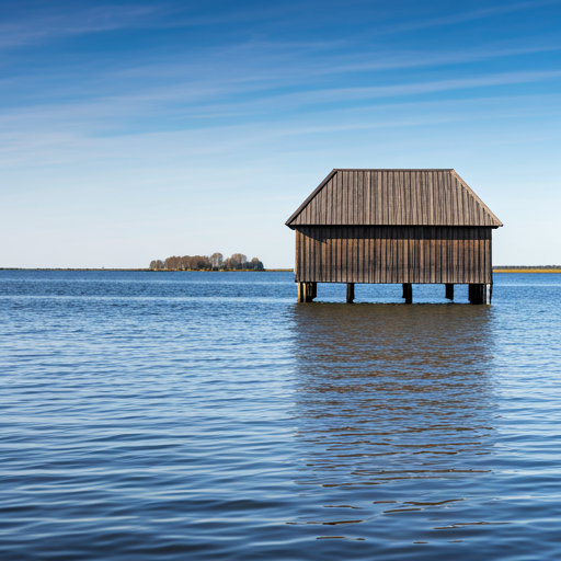 Vintage wooden pier and small building