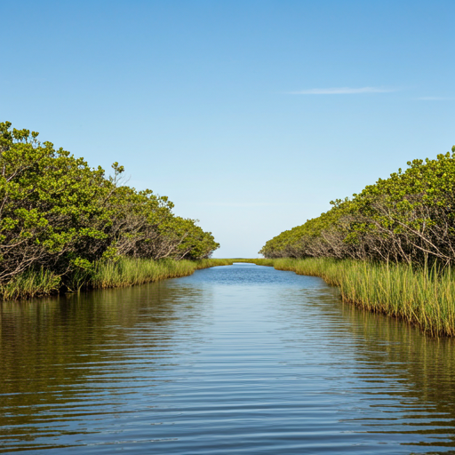 Sunlight hitting a green wetland marsh